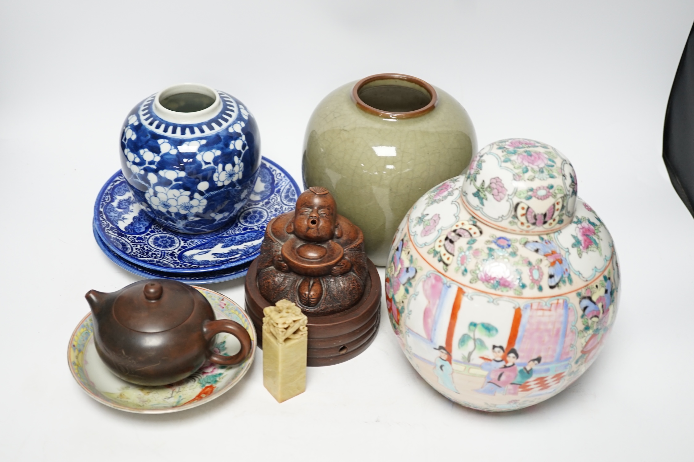 A famille rose Chinese jar and cover, a hardstone seal, together with various mixed Chinese and Japanese items (9)